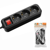 Удлинитель 3 гнезда 3м с/з выключатель 16А 3680Вт черный Народный