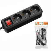 Удлинитель 3 гнезда 5м с/з выключатель 16А 3680Вт черный Народный